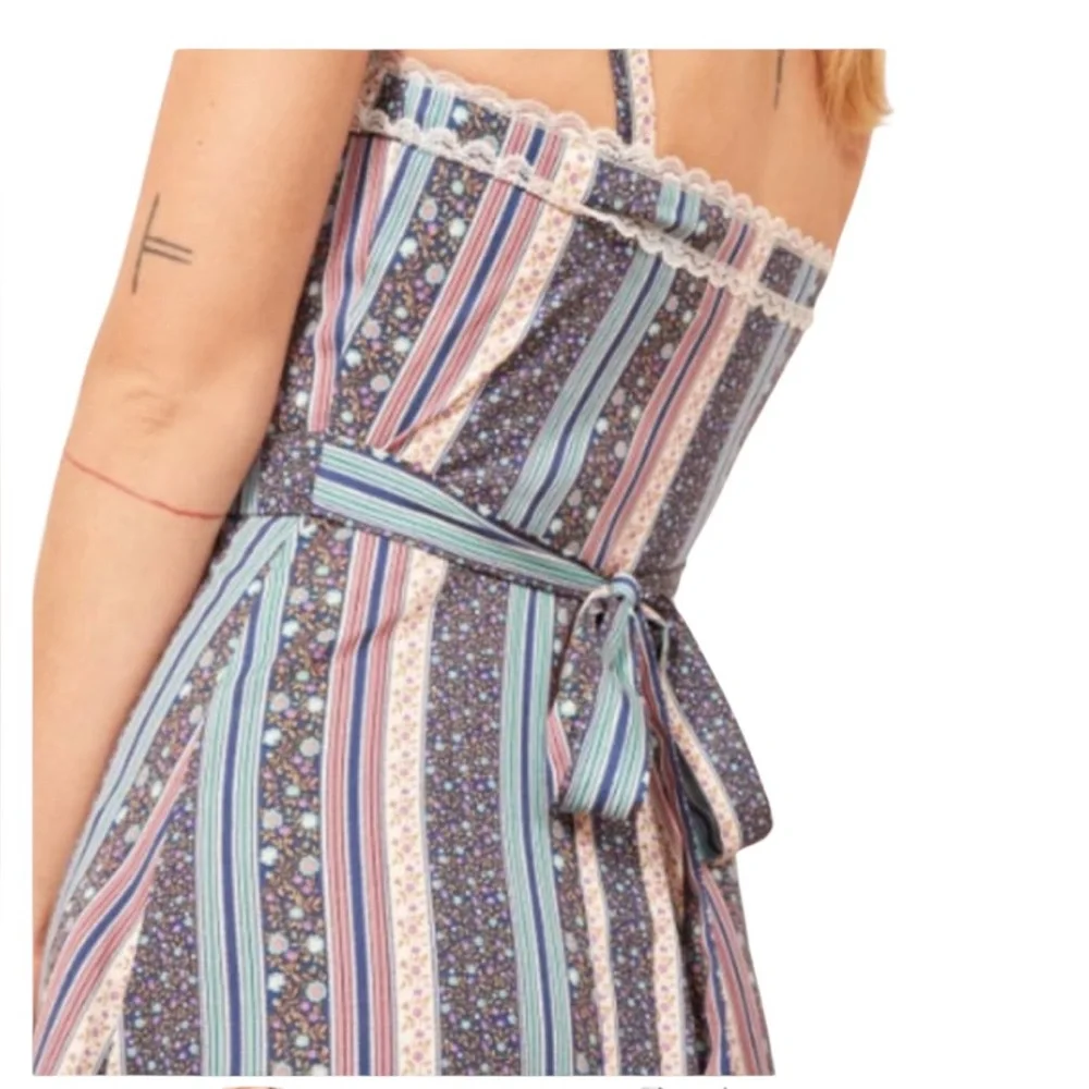 Reformation The Heidi Sandalwood Dress Size 8 Lace Trim Cottagecore Striped Boho - Picture 2 of 8